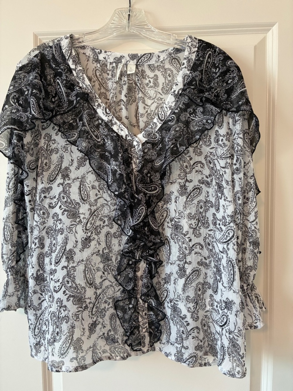 Cato Black and White Paisley Ruffle Blouse